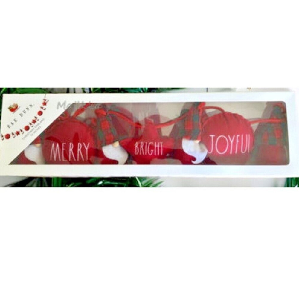 Rae Dunn Christmas Merry Bright Joyful Gnomes Mantle Garland Red Plaid 72" Long